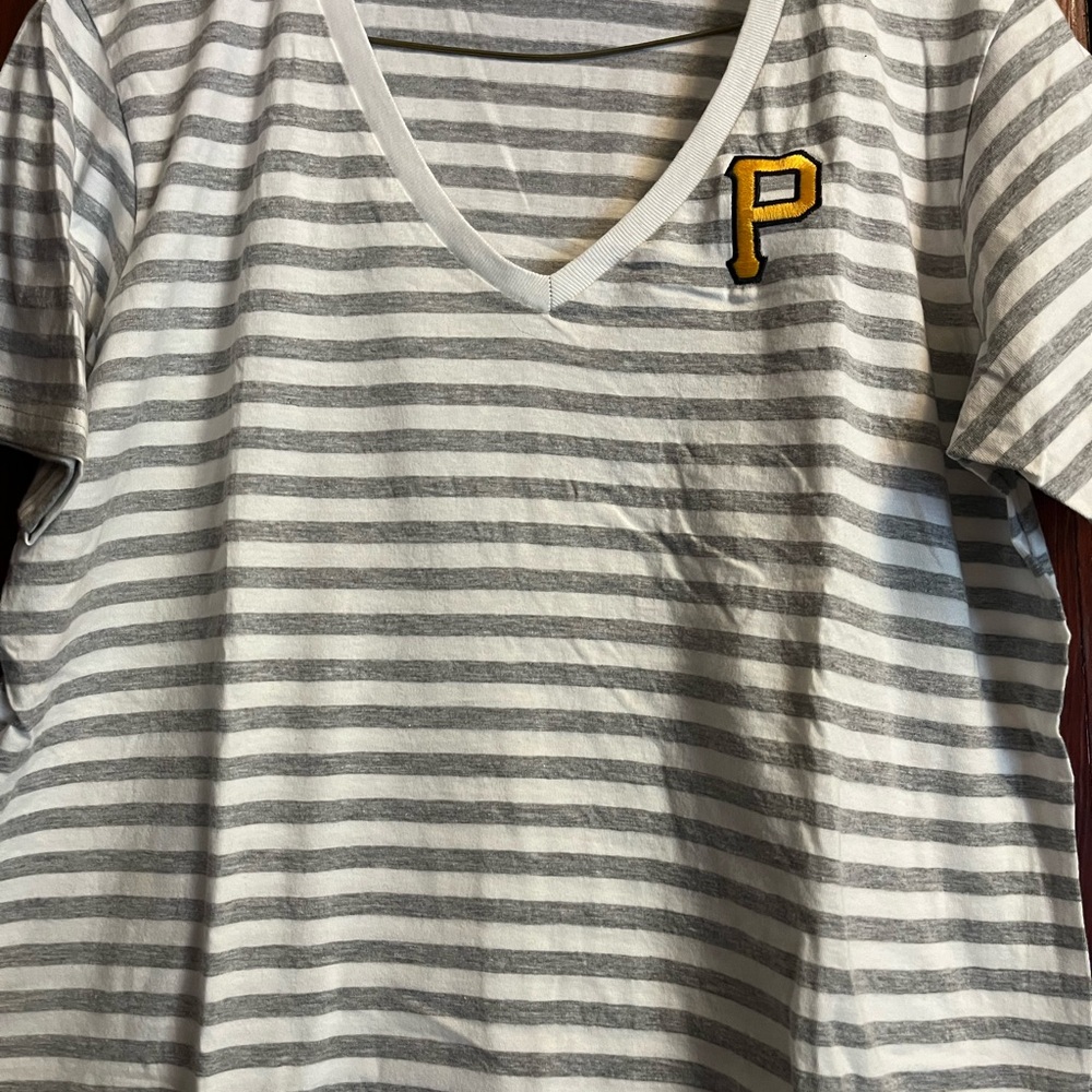 Gray and White Striped V-Neck T-Shirt with P Patch
